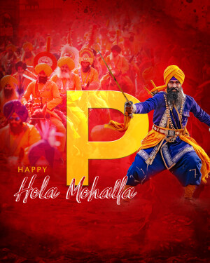 A vibrant poster depicting a Sikh warrior with a large 'P' and a crowd celebrating Hola Mohalla.