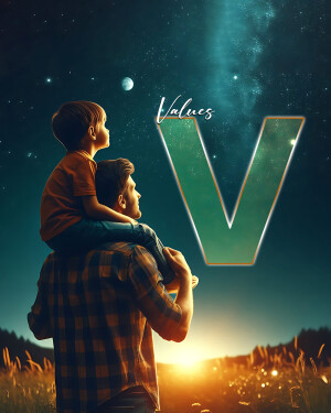 Father carrying son on shoulders under a starry night sky with a large letter V