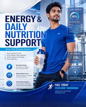 A man in a blue gym shirt holding a protein shaker next to an infographic showing nutrition and hydration statistics.