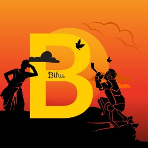 Silhouette illustration depicting Bihu festival celebrations with a large letter 'B' in the foreground.