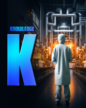 A futuristic scene depicting knowledge and technology with a large letter 'K' and a scientist in a lab.