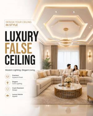 A modern luxury living room with a sophisticated false ceiling and a couple sitting on a sectional sofa.