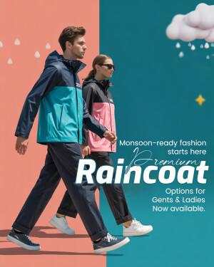 Couple wearing raincoats in a split color background with rain and clouds.