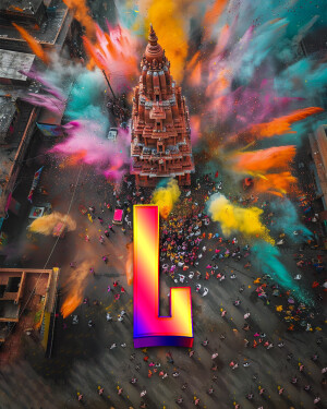 Aerial view of a temple during Holi festival with vibrant color explosions and a large letter 'L' in the foreground.