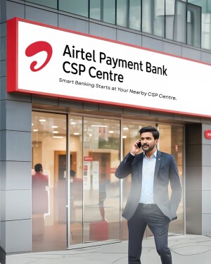 Exterior view of an Airtel Payment Bank CSP Centre with a man talking on the phone.