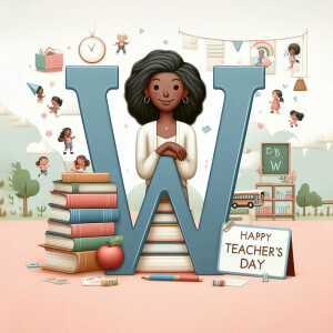 Illustration of the letter W with a young woman and educational elements
