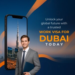 Man holding a phone displaying the Burj Khalifa, promoting Dubai work visas.