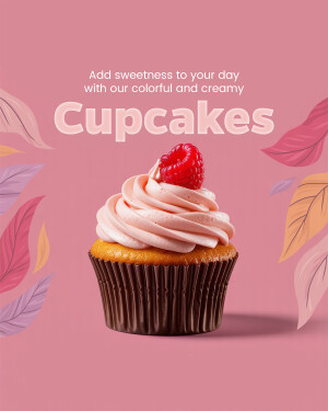 A close-up of a pink frosted cupcake with a raspberry on top, against a pink background with floral elements.
