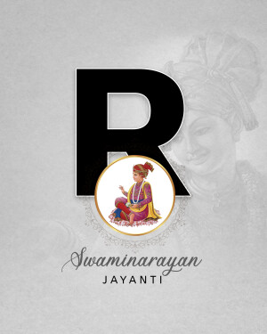 Swaminarayan Jayanti poster with a portrait of Swaminarayan and the letter 'R'