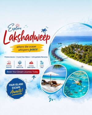 Travel advertisement for Lakshadweep island vacation featuring tropical beach, ocean, and snorkeling imagery