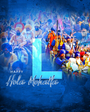 Image depicting a festive Hola Mohalla celebration with Sikh warriors and the letter 'L'.