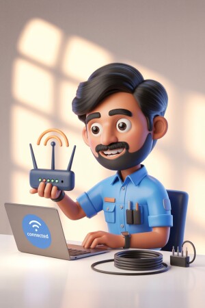 3D rendering of a cartoon IT technician working on a laptop with a wireless router.