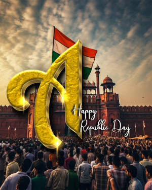 Republic Day celebration with the Indian flag and a golden 'A' in front of the Red Fort.