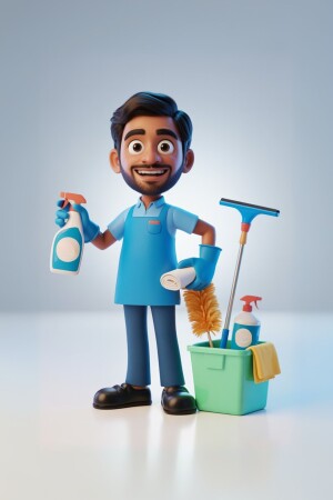 Cartoon illustration of a smiling cleaning professional with cleaning supplies.