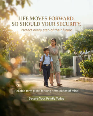 A mother walking her young son to school on a sunny day with text emphasizing future security and life insurance planning.