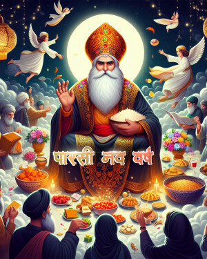 Digital art depicting a Parsi New Year (Navroz) celebration with a central figure and angels.