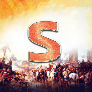 Syracuse University logo featuring a large orange 'S' over a historical battle painting.