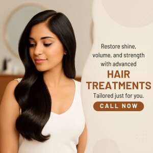 Woman with long, shiny hair promoting hair treatments