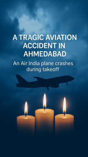 Silhouette of a plane with burning candles, commemorating a tragic aviation accident in Ahmedabad.