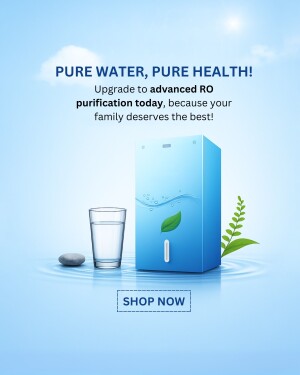 RO water purifier with a glass of water and a leaf, promoting clean and healthy water.