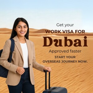 Woman with suitcase promoting Dubai work visa services
