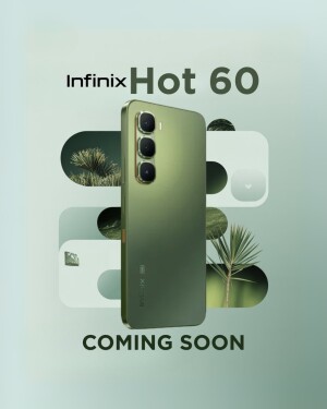 Infinix Hot 60 smartphone in green color with abstract background