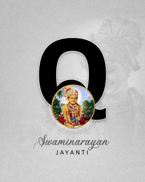 Image depicting Swaminarayan Jayanti with a portrait of Swaminarayan within a large letter 'Q'