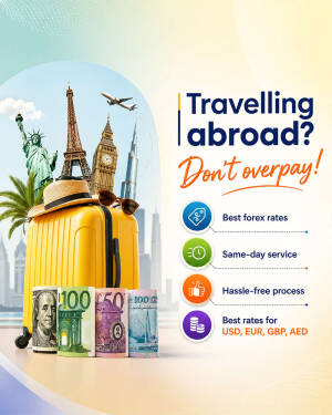 A yellow suitcase topped with a hat and sunglasses, featuring world landmarks in the background and icons promoting currency exchange services.