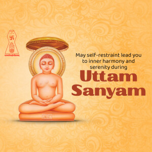 Image of Lord Buddha in a meditative pose with text 'Uttam Sanyam'