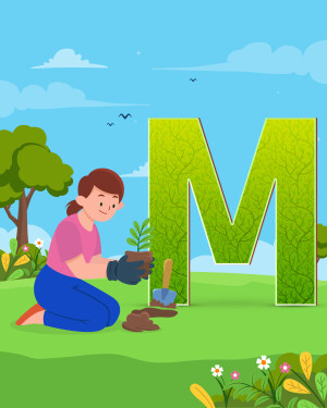 Illustration of a girl planting a seedling near a large green letter M made of leaves.