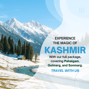 Scenic view of Kashmir mountains, forests, and a small cabin with travel package promotion.