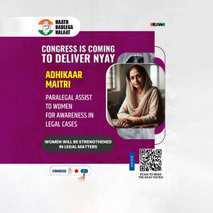Image promoting Congress party's 'Adhikaar Maitri' scheme for women's legal assistance.