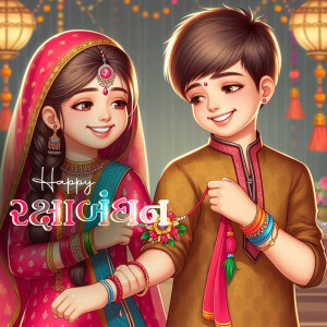 Illustration of a brother and sister celebrating Raksha Bandhan