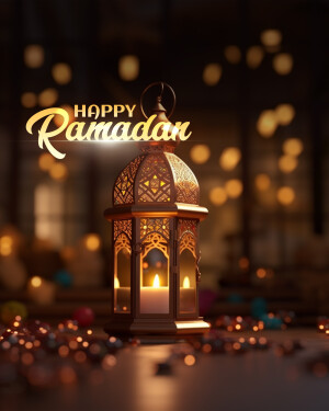 Golden lantern with 'Happy Ramadan' text, illuminated with warm light.