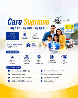 A Care Health Insurance advertisement featuring a family, air ambulance, and key plan benefits in Gujarati.