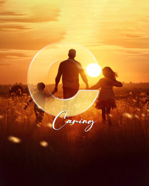 Silhouette of a family running towards the sunset with the word 'Caring' overlaid.