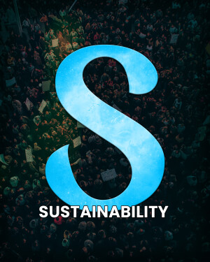 Large blue letter 'S' over a crowd of people, representing sustainability