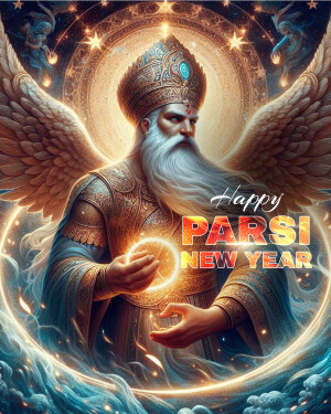 Digital art depicting a majestic angel with a long white beard and ornate headwear, celebrating Parsi New Year.