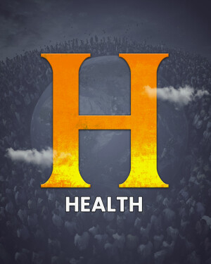 Logo featuring a large golden 'H' with the word 'HEALTH' underneath, set against a blurred crowd background.