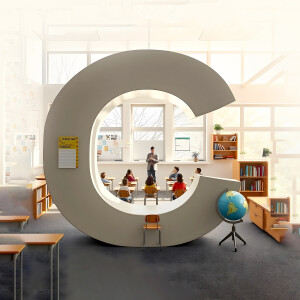 A large letter 'C' shaped opening in a classroom wall, framing students and a teacher.
