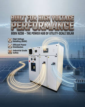 A high-voltage 800V ACDB unit managing power distribution in a solar energy farm with connecting energy lines.
