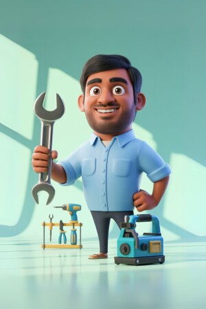 Cartoon illustration of a smiling mechanic holding a wrench.