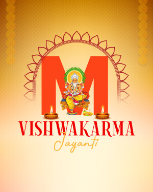 Vishwakarma Jayanti festive graphic with Lord Vishwakarma and the letter 'M'