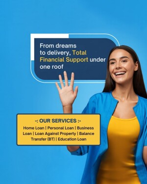 Woman reaching out with financial services text overlay