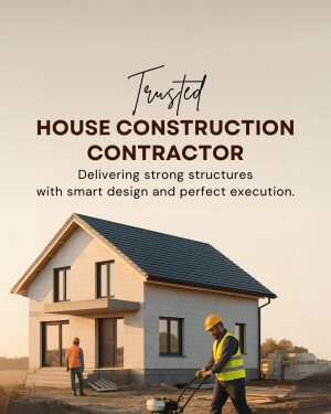 Image of a house under construction with workers, promoting house construction services.