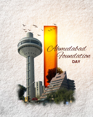 Ahmedabad Foundation Day celebration with a prominent image of the Atal Bridge and city buildings.