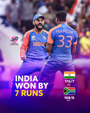 Virat Kohli and Hardik Pandya celebrating India's victory in a T20 World Cup match.