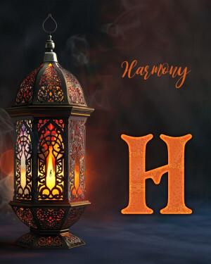Ornate metal lantern with a warm glow and the letter 'H'
