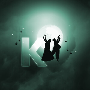 Silhouette of dancers celebrating Navratri with a large letter 'K' and a full moon.