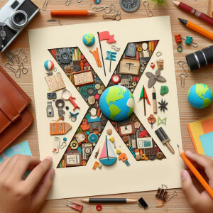 A flat lay image featuring a large letter 'X' constructed from various miniature objects and art supplies.